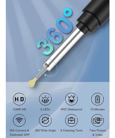 Wireless 1296P HD Ear Wax Removal Tool with Camera and LED Lights - Waterproof Otoscope for iPhone & Android - Black - Buy Online on SooperMarket.com