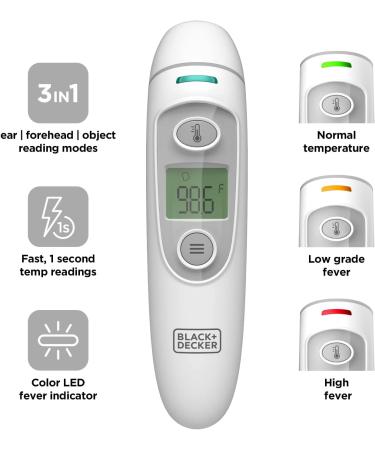 BLACK+DECKER 3-in-1 Infrared Thermometer | Fever Alarm, Forehead/Ear/Object Modes | Fast Response Time, Auto Shutdown | Mute Function for Babies (BDXTMB100) - Buy Online on SooperMarket.com