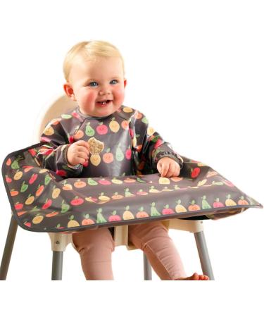 Bibetta Wipeezee Premium Baby Weaning Bibs With Sleeves For 6 month+ Waterproof Coverall Bibs for Baby Toddler Boy Girl | UK Design Eco Friendly & Durable Wipeable Bib for Highchair Baby Feeding Grey - Happy Fruits