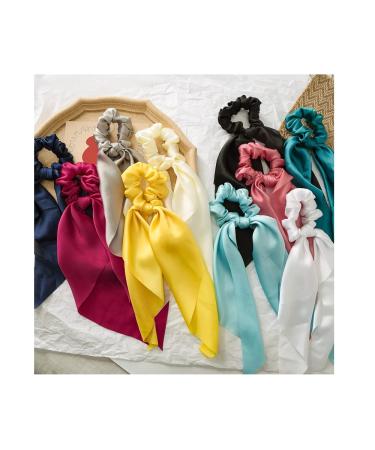 10pcs Silk Hair Scarf Scrunchies with Long Tails - Satin Bow Ponytail Holder for Women - Buy Online on SooperMarket.com