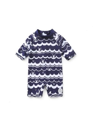 BONVERANO Baby Boys Swimsuit Toddler Bathing Suit Short-Sleeve Zipper One Piece Swimwear with UPF 50+ Sun Protection 6-9 Months Navy Wave