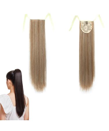 prinfantasy Ponytail Extension Wrap Around One Piece Clip in Straight Pony Tial Hair Extensions Synthetic Clip on Hairpiece Extension for Girl Lady Women Ombre Light Brown Mix GBMW048 GBMW048 22 inch