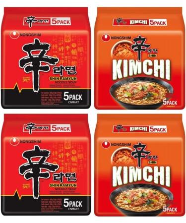 Nong Shim SHIN Ramyun Kimchi & Original Spicy Korean Ramen Noodles Mix Bundle 120g (Pack of 20) HALAL Original x 10 & Kimchi x 10