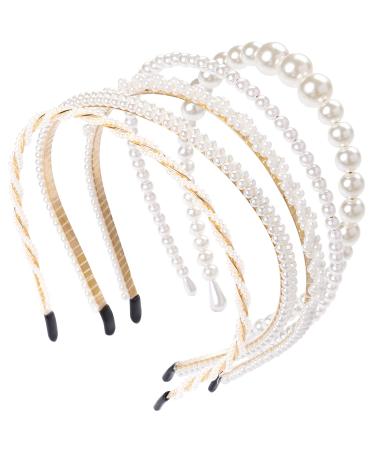 Sliverdew 5 Pack Pearl Headbands White Faux Pearl Hairbands Bridal Hair Hoop Wedding Hair Accessories White Headband Fashion Hair Accessories Elegant Headwear Vintage Hair Hoop for Women Girls