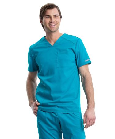 Cherokee Men's V-Neck Scrub Top with Mesh Yoke and Side Panels for Extra Breathability WW603 Medium Teal Blue
