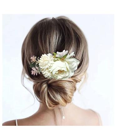 Wedding Flower Slide Comb Bridal Artificial Floral Hair Comb Vintage Frost Headpiece Hair Piece Accessories for Women Girls Brides Bridesmaids (White B)