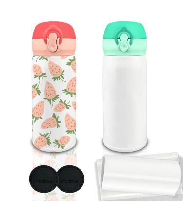 AiHeart Kids Sublimation Water Bottle 16oz Blank Stainless Steel Kid Thermo Mug Double Wall Vacuum Insulated Sport Water Bottle With Shrink wrap films and Lid For School Travel(Pink Green) 2pack Pink Green