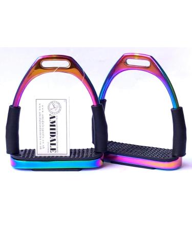 Amidale RAINBOW FLEXI SAFETY STIRRUPS HORSE RIDING BENDY IRONS S. STEEL BNWT 4.00 INCHES AND 4.75 INCHES (4.00 INCHES)