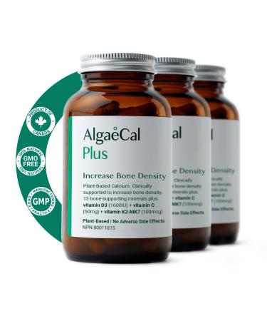 AlgaeCal Plus - Plant Based Calcium Supplement for Bone Health Vitamin K2 MK-7 & Vitamin D3 (1600 IU) Magnesium 13 Trace Minerals for Bone Density Clinically Supported Natural Bone Strength Supplement - 120 Veggie Caps 3-Month Supply 120 count (Pack of 3)