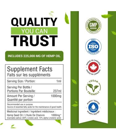 Hemp Oil 225 000 Mg (8 oz) Extra Strength Formula Helps Treat Inflammation & Pain Relief - Derived Hemp Seed Oil Rich in Antioxidants Improves Skin Health & Sleep Non-GMO Omega 3 6 9 Balance Oil Made in Canada - Buy Online on SooperMarket.com