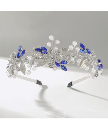 IYOU Flower Bridal Wedding Headband Crystal Blue Bride Hair Bands Pearl Leaf Headpiece Bride Bridemaid Hair Accessories for Women