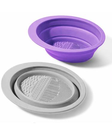 Makeup Brush Cleaning bowl Silicone Makeup Brush Cleaning Mat Cosmetic Brush Cleaner Foldable Brush Cleaning Pad Suitable for Makeup Brush Makeup Sponge Powder Puff 2 Pack (Gray&Purple)