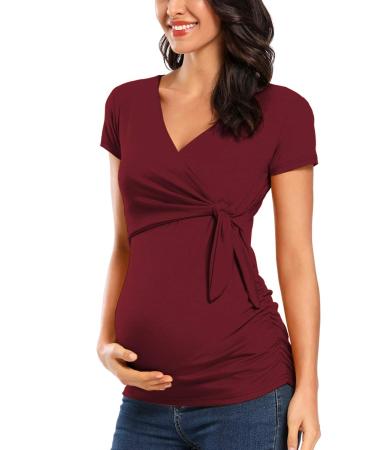 Love2Mi Women Maternity Breastfeeding Tops Long Sleeve V-Neck Cute Maternity Clothes S Wine Red-short