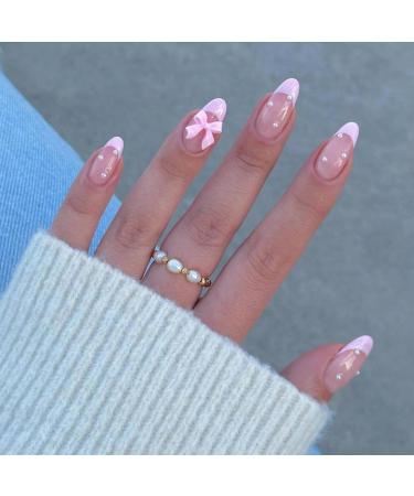 24Pcs French Press on Nails Almond Fake Nails Cute Pink False Nails with Bow Pearl Design Pink French Tip Acrylic Nails Luxury Glue on Nails Full Cover Artificial Nails for Women Manicure Accessories 3D bow