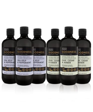 Baylis & Harding Goodness Body Wash Bundle: 3 x 500 ml Sea Kelp & Peppermint & 3 x 500 ml Oud Cedar & Amber (6 bottles) - Vegan Friendly Body Wash Bundle 3