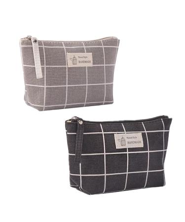 Multifunctional makeup bag 2 pieces of cosmetic bag made of canvas travel cosmetics bag made of canvas with zipper portable for trips vacation camping office school (black/gray checkered) black gray