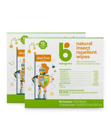 Babyganics DEET Free Travel Size Insect Repellant Wipes | Natural Plant Based 30 Wipes (2 Packs of 15) 30 Count
