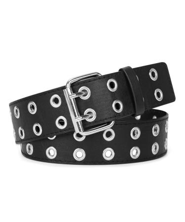 WERFORU Double Grommet Belt PU Leather Punk Belt for Women Men Jeans 2 Hole Belts 1.5 Wide A-black suit for waist below 34"