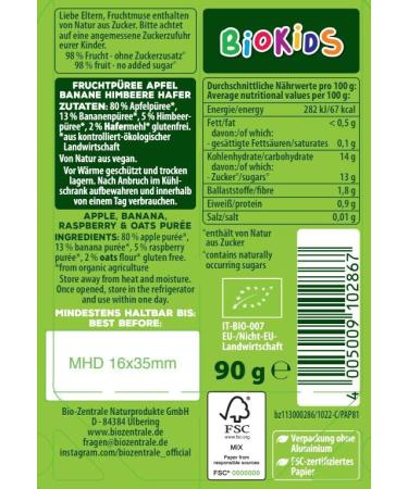 Biozentrale BioKids Fruit Puree Apple Banana Raspberry Oat - 12 x 90g | Vegan No Added Sugar Fruity Snack - International Shipping Available - Buy Online on SooperMarket.com