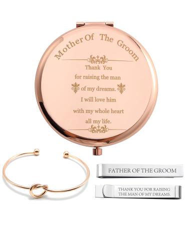 COFOZA Pack of 3 Mother & Father of The Groom Gifts Set -1 Rose Gold Compact Makeup Mirror 1 Knot Bracelet Stainless Steel 1Tie Clip Engagement Wedding Proposal Gifts for Groom's Mothe and Father