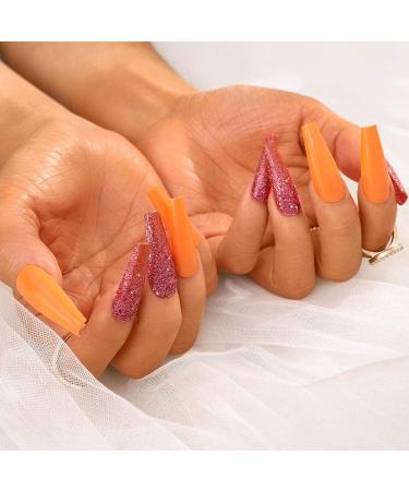 Sethexy Long Shiny Orange Ballerina Press-On Nails | 20pc Acrylic Coffin Nail Tips for Women & Girls | Bling Glitter False Fingernails - Buy Online on SooperMarket.com