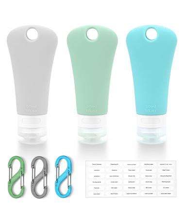 travel bottle set for dispensing toiletries (with label) leak-proof silicone (BPA-free) squeezable refillable liquid travel accessories for cosmetics shampoo and lotion soap (3PCS) (3 oz)