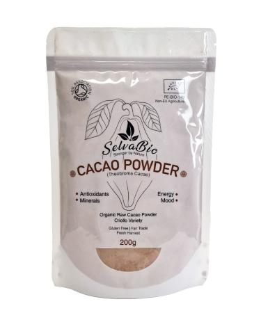 SelvaBio Organic Cacao Powder Single Origin 100% raw and pure cocoa Criollo Variety 200g From The Ashaninka Nomatsigenga Tribes and Farmers Located in Satipo in The Central Rainforest of Peru.