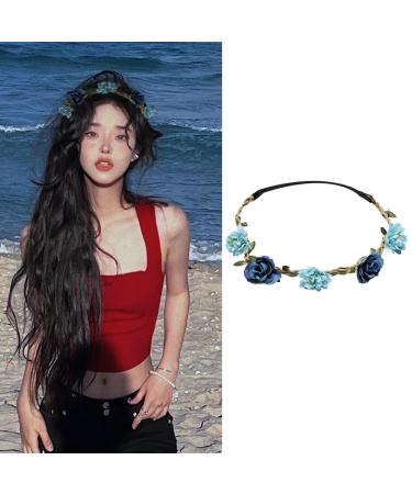 Flower Crown Floral Headband for Women Girls Flower Headbands for Girls Women Flowers for Hair Blue Floral Hair Accessories for Girls Teenagers Flower Hair Band Floral crown for Girls Women