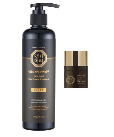 Daeng Gi Meo Ri - New Gold Real Cover Shampoo(Brown Black) + Ki Gold Quick Hair Cover Cushion (Black Brown): Korean Hair Care Combo for Gray Hair Darkening & Instant Scalp Coverage