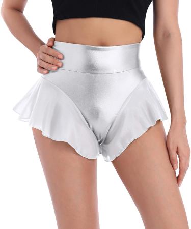 Women's Shiny Ruffle Dance Booty Shorts - High Waist Metallic Mini Hot Pants for Stage, Pole Dance, Yoga - Large Silver - Buy Online on SooperMarket.com