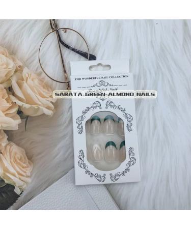 24Pc Short Glossy Almond Design Press on Nails - French Green False Nails Kit with Glue - Oval Green White Nail Tips - Buy Online on SooperMarket.com