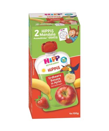 Hippis squeezing bag advantage pack strawberry banana in apple 100% organic fruits without added sugar 4 x 4 bags of 100 g H 8533 Earthb./Ban./Apfel 4x100g 100 g (16 Pack) Earthb./Ban./apfel