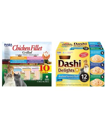 INABA Natural Premium Hand-Cut Grilled Chicken Fillet Cat Treats/Topper & Dashi Delights for Cats Shredded Chicken with Bonito Flake Broth 2.5 Ounce Cup 12 Cups Total Seafood Variety