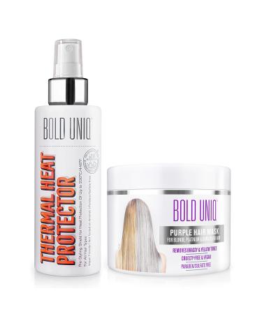 BOLD UNIQ Purple Hair Mask For Blonde, Platinum, Bleached, Silver, Gray, Ash and Brassy Hair & Heat Protectant Spray Bundle - Remove Yellow Tones and Protect Hair from Thermal Heat Up To 450