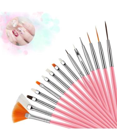 Hanyousheng nail art brush nail polish brush nail art brush set acrylic nail art brush 15 pcs acrylic and detail painting brush for nail art design painting salon nail design nail foot care pink