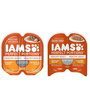 IAMS Perfect PORTIONS Healthy Adult Wet Cat Food Cuts in Gravy - Chicken Flavour 75g Tray Orange & Perfect PORTIONS Healthy Adult Grain Free* Wet Cat Food Pate 2.6 oz. Easy Peel Twin-Pack Trays Cat Food + Cat Food 2.6 oz