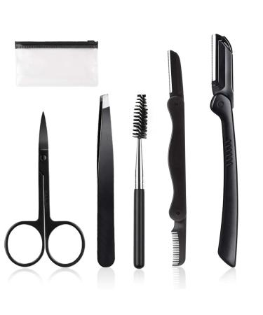 Eyebrow Set 5pcs Stainless Steel Eyebrow Grooming Kit with Tweezers Includes Eyebrow Razors Trimmer Eyelash Extension Brush Scissors Slant Tweezers for Men and Women Beauty Tool