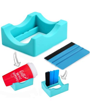 Small Silicone Cup Cradle for Tumbler Crafting -Vinyl Decals for Tumblers Cups Mugs, Tumbler Holder with Slot & Felt Edge Squeegee for Decal Alignment, 2 Angle Supports Anti-Skidding Tumbler Cradle Blue