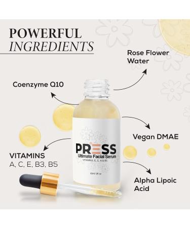Ultimate Facial Serum for Glowing Skin | PRESS SKINCARE | Anti-Aging Hydrating | Vitamins A C B3 B5 E | Reduces Wrinkles Dark Spots & Fine Lines | 2OZ - Buy Online on SooperMarket.com