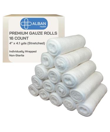 ALBAN Premium Bandaging Gauze Roll (Box of 16) - 4 Inches by 4.1 Yards Individually Wrapped Medical Grade Strech Rolled Gauze - Conforming Elastic Hospital Quality Rolled Gauze Bandage 4 x 4.1 yds (Pack of 16)