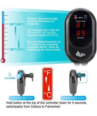 AQQA 200W Aquarium Heater - Adjustable Digital Heating Rod with LED Display & External Controller for Turtles & Aquatic Life (100-500W) - Buy Online on SooperMarket.com