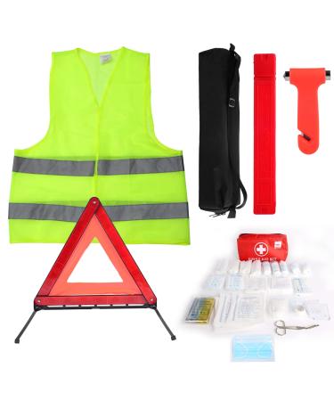 4 In 1 Safety & First Hilf Set Auto Motor Kassen 2024 Pannenset Auto according to DIN 13164 Including with warning triangle Warning bag Warning vest safety hammer Auto Emergency set Accessories Test help Set Auto 2023