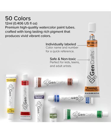 GenCrafts Watercolor Paint Set - 50 Premium Vibrant Colors - Non-Toxic Pigment Paints - 12 ml (0.406 oz) - Ideal for Paper, Canvas, and Crafts - Buy Online on SooperMarket.com