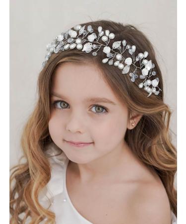 IYOU Flower Girl Headband Silver Floral Pearl Headpiece Crystal Bridal Hair Vines Princess Communion Wedding Hair Accessories for Kids