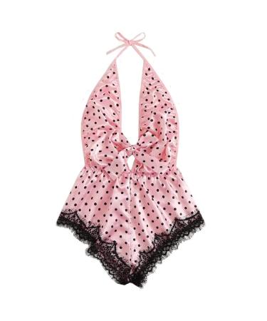 NOAGENJT Sexy Lingerie For Women Naughty With Strappy Back & See Through Front Bodysuit Lace Silk Jumpsuit Bow Printing Pink M