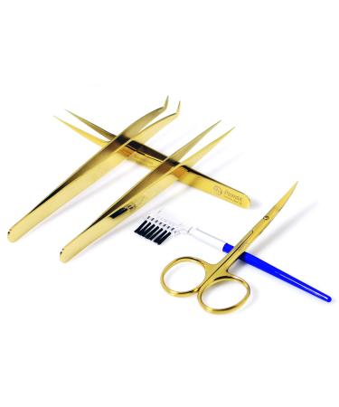 ProMaxCare Gold Professional Quality Eye Lash Extension 5 PCs Tweezers Sets-The Complete kit for Eyelash Tweezers Include Straight and Curved Tested Tweezers Comes in Black Zipper safety Leather Case-80-2023