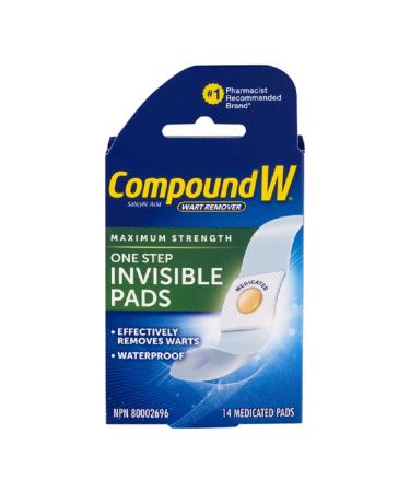 Compound W Wart Remover Maximum Stength One Step Invisible Pads - 14 Count - Salicylic Acid Wart Remover For Treatment & Common/Plantar Wart Removal One Step Invisible Pads Pads