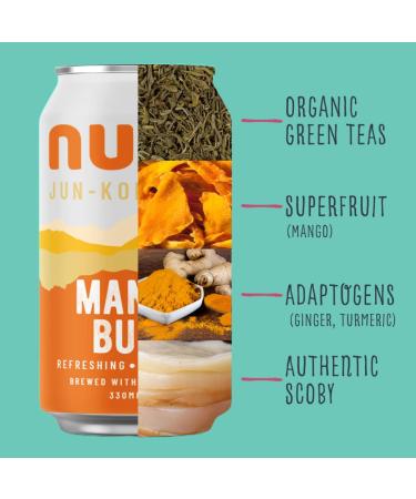 Nunc Jun-Kombucha Mango Buzz (12 x 330ml) - Premium Green Tea & Raw Honey - Refreshing Sparkling Tea for Gut Health & Natural Energy - Gluten Free & GMO Free - 30 Cal - Buy Online on SooperMarket.com