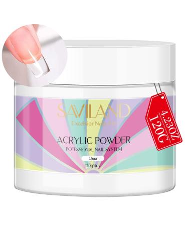 Saviland Clear Acrylic Powder 4.23oz - Professional Crystal Polymer Clear Nail Powder Acrylic Nail System for Acrylic Nails Extension Large Capacity No Need Nail Lamp A-Acrylic Powder Clear