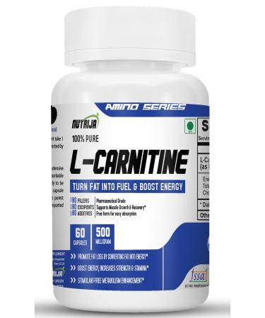 NutriJa L-Carnitine L-Tartrate 500mg Supplement | Converts Fat into Energy Boosts Energy & Performance | Supports weight Loss | Fastest Muscle Recovery & Reduces Soreness (60 Capsules) 60 count (Pack of 1)